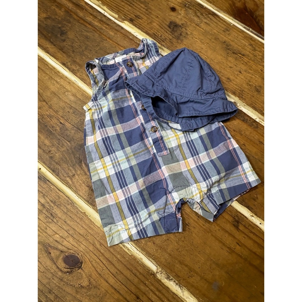 Just One You by Carters Boys Newborn Plaid Romper and Bucket Hat Set Blue NB